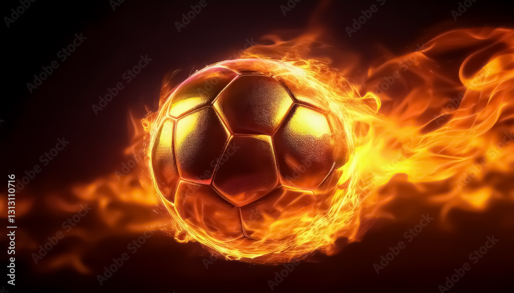 Naklejka premium Gold Soccer Ball on Fire, Fiery Soccer Ball Ignites with Passionate Flames - Dynamic Sports Art