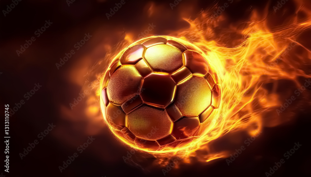 Naklejka premium Gold Soccer Ball on Fire, Fiery Soccer Ball Ignites with Passionate Flames - Dynamic Sports Art