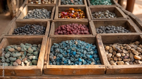 Wallpaper Mural Piles of extracted raw gemstones sorted by type on wooden mining trays. Torontodigital.ca