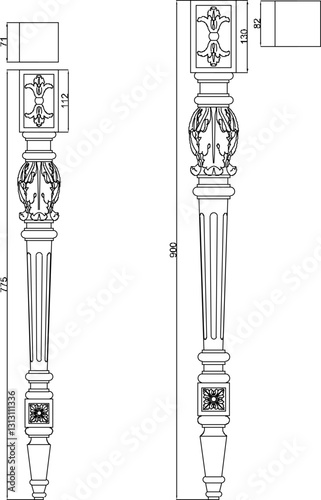 vector illustration sketch of table leg design with classic vintage ethnic european decorative ornaments 