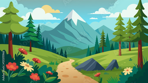 We hiked through the surrounding forest following a path lined with wildflowers and stopping for a quiet mountain meditation overlooking a breathtaking view.. Vector illustration