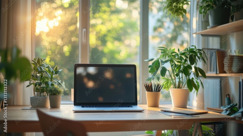 Fototapeta premium A minimalist workspace with a laptop on a table surrounded by plants. The space is serene and bright, ideal for content related to home offices, remote work, and productivity in creative environments.