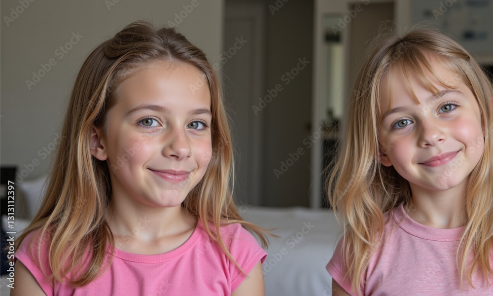 Two Smiling Young Caucasian Girls with Light Hair Posing Together in a Cozy Hotel Room, Exuding Joy and Friendship