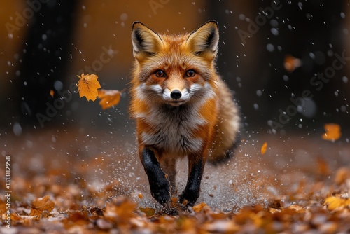 Red Fox Running Through Autumn Leaves in a Forest photo