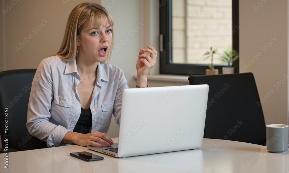 Surprised Young Woman Engaged in a Virtual Meeting While Working at Home Office with Laptop and Caffeinated Beverage, Expressing Emotions in a Modern Workspace Surprised Young Woman Engaged in a Virtual Meeting While Working at Home Office with Laptop and Caffeinated Beverage, Expressing Emotions in a Modern Workspace