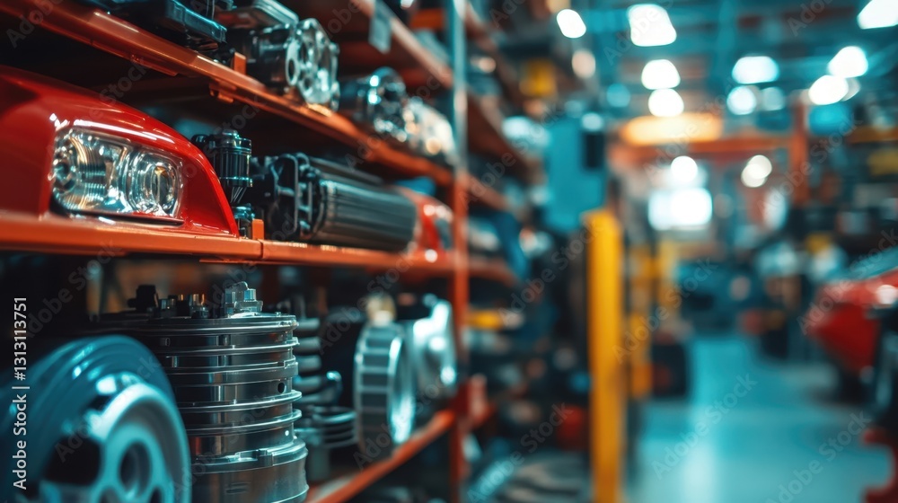 A view of a workshop with shelves filled with automotive parts. The organized parts are ready for assembly, perfect for industrial or automotive content related to repair or manufacturing. A view of a workshop with shelves filled with automotive parts. The organized parts are ready for assembly, perfect for industrial or automotive content related to repair or manufacturing.