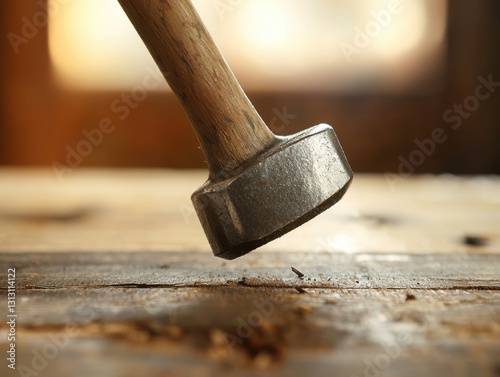 Wooden hammer hitting wood, showcasing craftsmanship, and demonstrating the power of hand tools in shaping and building. photo