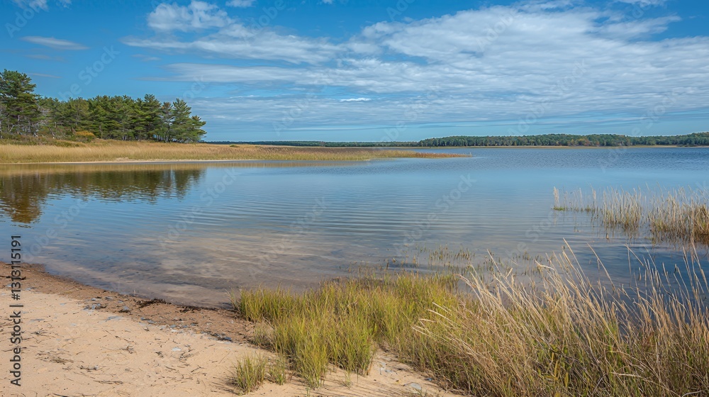 Serene Lakeside Landscape with Calm Waters and Lush Vegetation Serene Lakeside Landscape with Calm Waters and Lush Vegetation