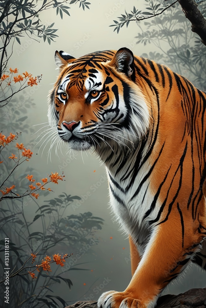 a tiger standing on a tree branch in the woods a tiger standing on a tree branch in the woods