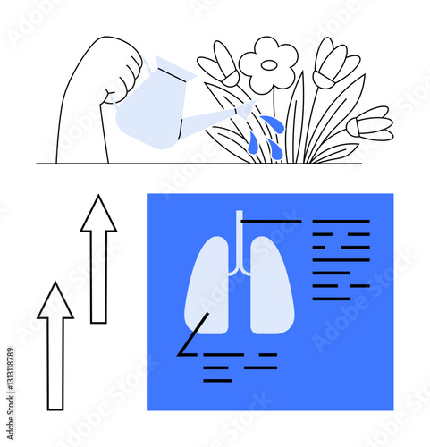 Arm watering flowers with watering can, emphasizing growth and care. Diagram of lungs and upward arrows representing health, improvement, and vitality. Ideal for wellness, environment, health