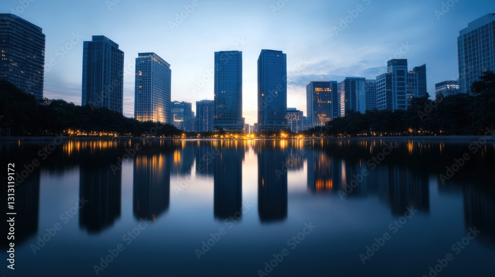 Naklejka premium City skyline reflected in water