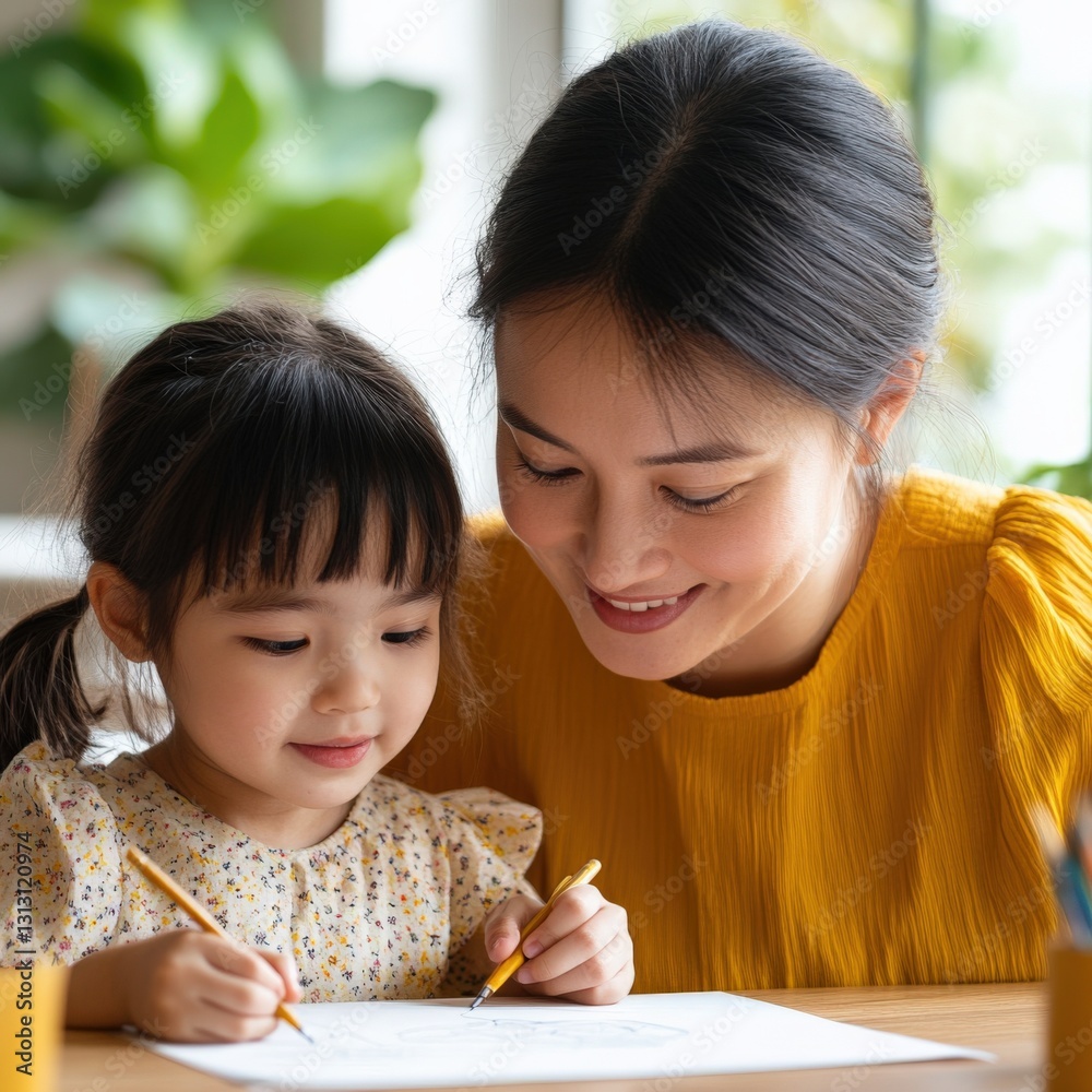 Mother and daughter drawing together Mother and daughter drawing together
