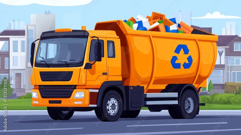 Naklejka premium Orange garbage truck transporting waste on a road in a residential neighborhood
