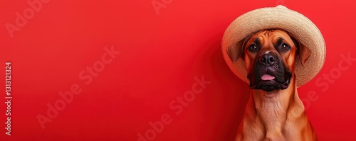 Boxer Dog Adorned with Straw Hat on Solid Red Background Comical Pet Portrayal Canine Friend photo