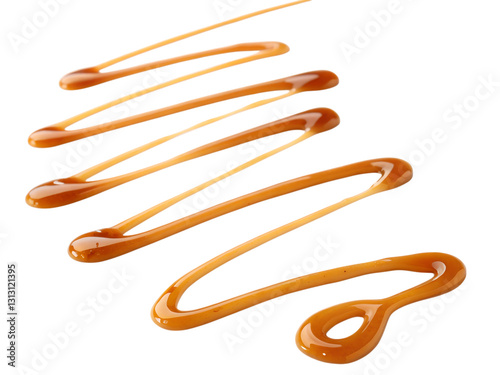 Drizzling golden caramel sauce over desserts in a kitchen setting capturing culinary art, isolated on white or transparent background