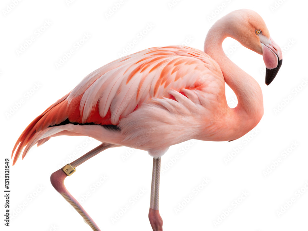 Naklejka premium Graceful flamingo in one-legged stance captured against nature photography, isolated on white or transparent background