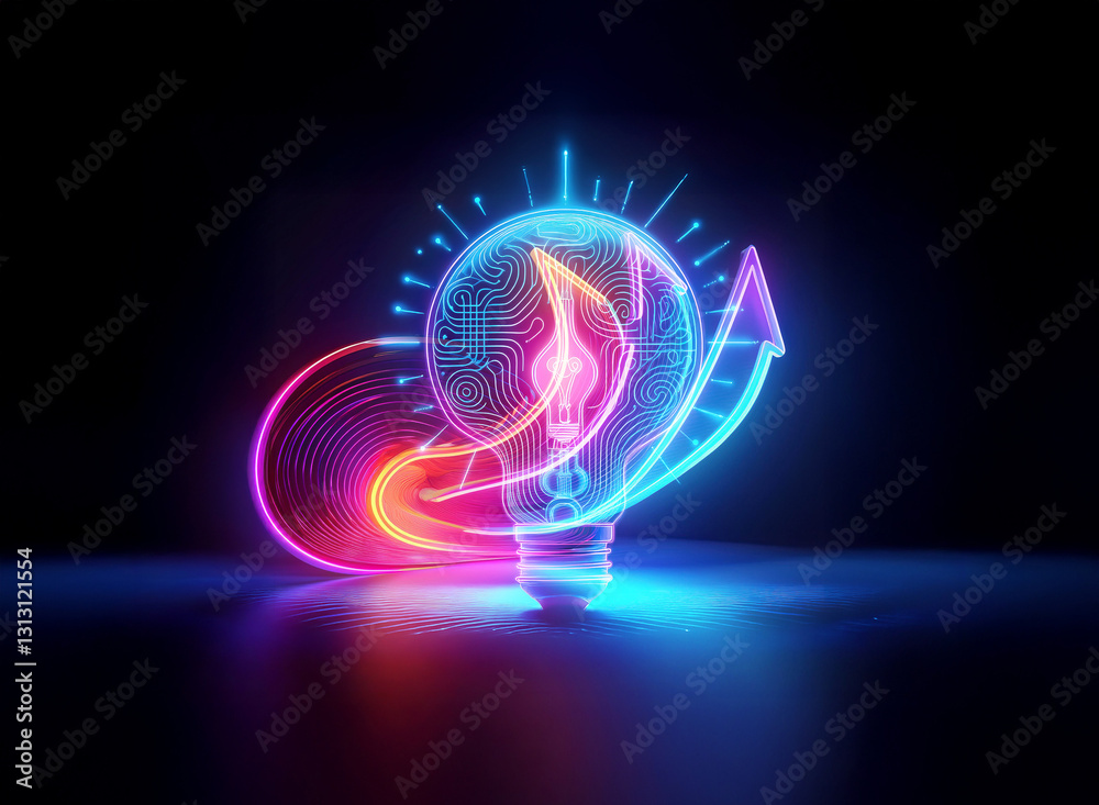 Neon lightbulb with abstract double exposure design inside and a swirling arrow around it, all glowing brightly against a dark backdrop. Neon lightbulb with abstract double exposure design inside and a swirling arrow around it, all glowing brightly against a dark backdrop.