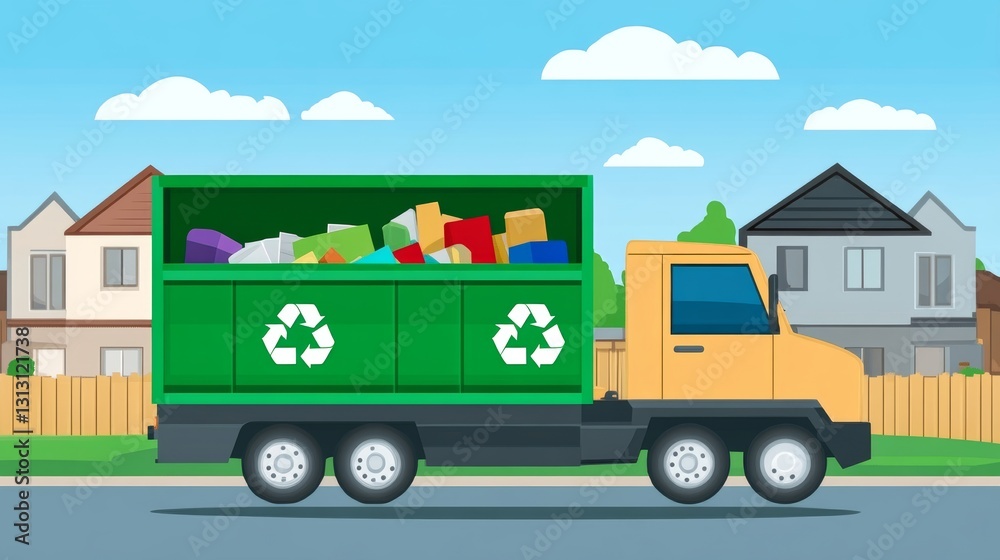 Fototapeta premium Garbage truck with recycling bin full of items on suburban street