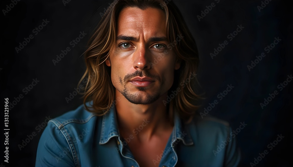 Obraz premium Close-up portrait of a handsome man with long hair and blue eyes. A striking close-up portrait of a young man with long hair, blue eyes, and a confident expression against a dark background.