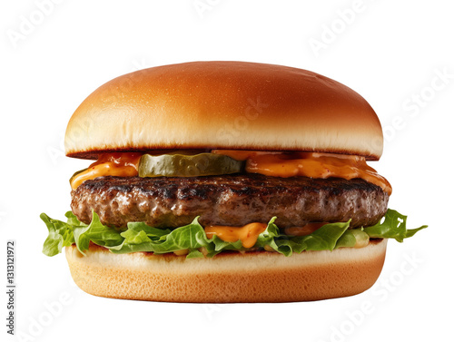 Indulge in a Delicious Hamburger: Juicy Patty, Crisp Lettuce, Ripe Tomatoes, and Zesty Pickles on a Soft Bun for the Ultimate Satisfying Meal!