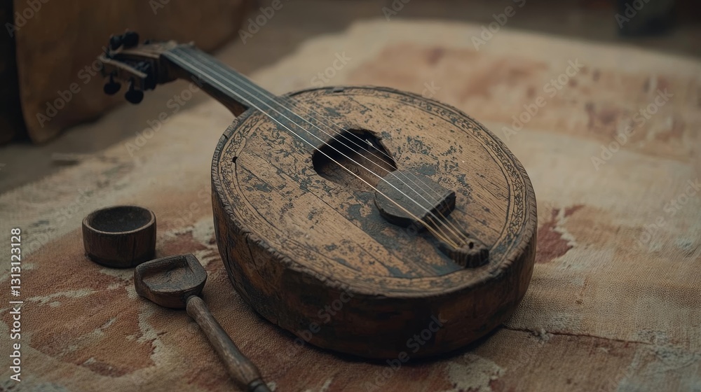 Aged Mandolin Instrument Resting on Rough Cloth Surface with Utensils Aged Mandolin Instrument Resting on Rough Cloth Surface with Utensils