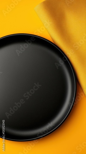 Matte Black Plate on Vibrant Yellow Background with Soft Textured Folded Cloth Overlay Still Life