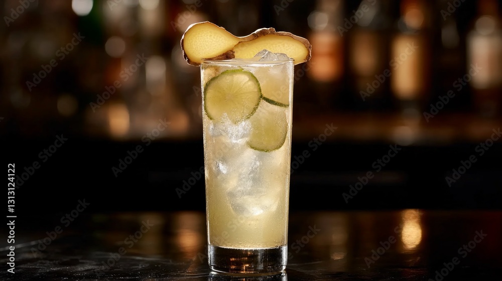 Obraz premium Refreshing Ginger Lime Cocktail in a Tall Glass with Ice