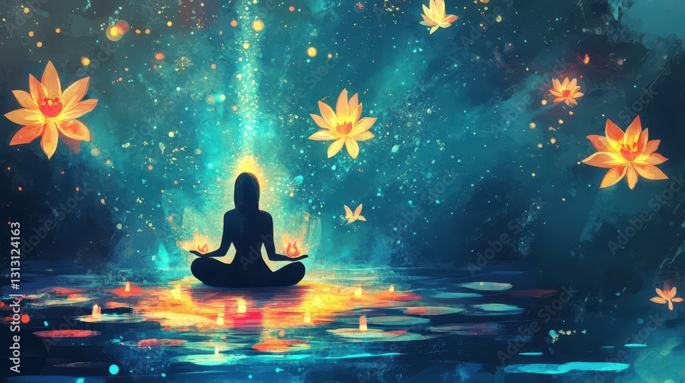 A meditating figure floating among glowing lotus flowers in space A meditating figure floating among glowing lotus flowers in space