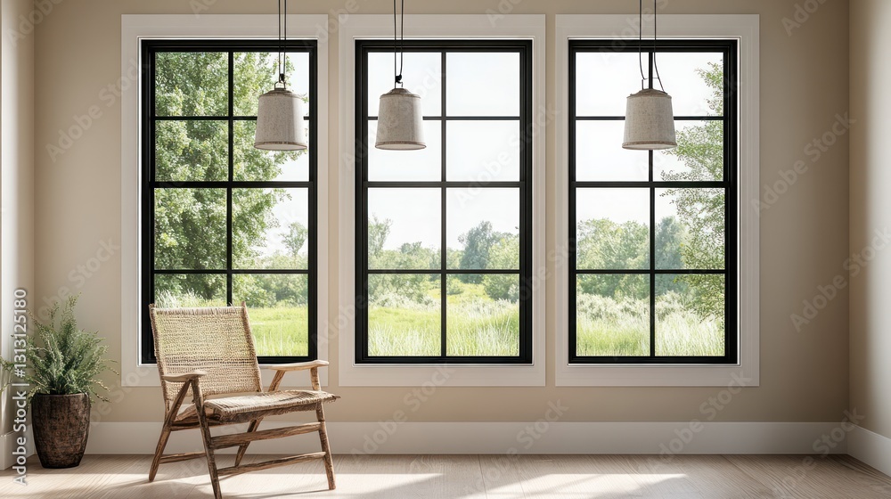 Fototapeta premium Cozy room with large windows overlooking a landscape, ideal for relaxation