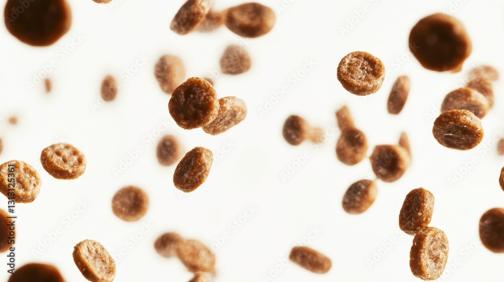 Dynamic capture of dry dog kibble suspended in mid-air against pure white backdrop, multiple pieces frozen in motion, professional studio lighting revealing food texture and color variations, Dynamic capture of dry dog kibble suspended in mid-air against pure white backdrop, multiple pieces frozen in motion, professional studio lighting revealing food texture and color variations,