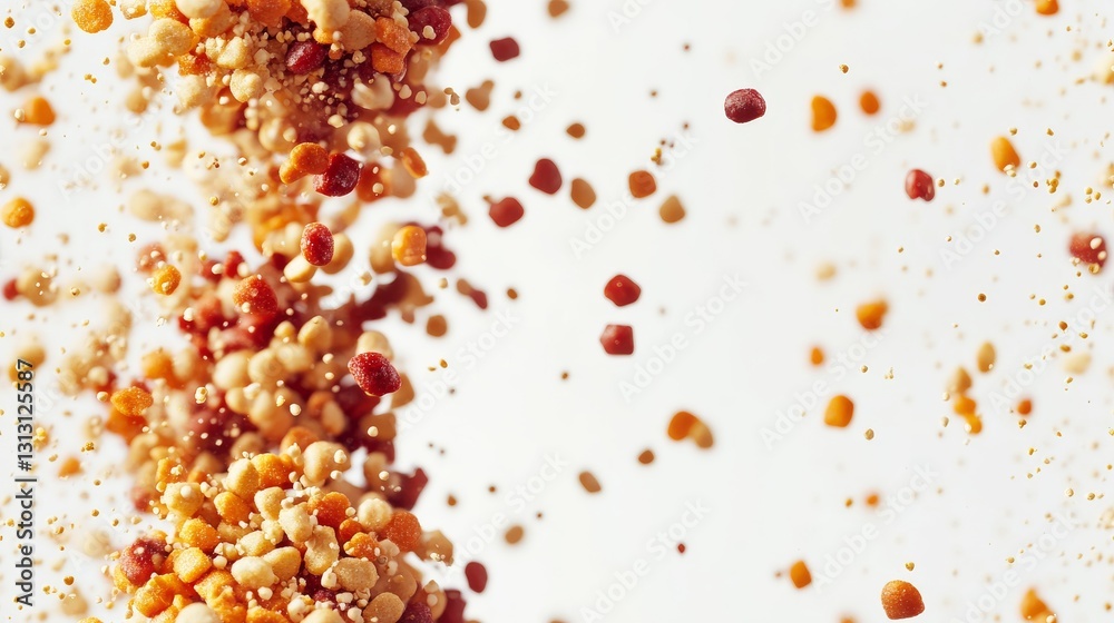 Professional product shot of dog food in motion, scattered kibble creating three-dimensional space, pristine white background, perfect exposure showing ingredient details, premium lighting revealing Professional product shot of dog food in motion, scattered kibble creating three-dimensional space, pristine white background, perfect exposure showing ingredient details, premium lighting revealing