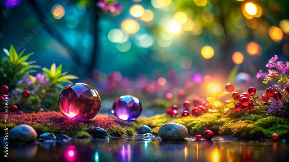Φωτογραφία vibrant winter scene featuring colorful glass orbs resting on lush, mossy landscape surrounded by glowing lights and delicate flowers