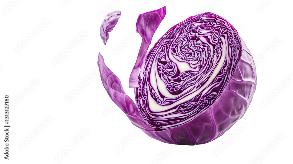 Obraz premium Floating Sliced purple Cabbage with Intricate Swirls Isolated on White Background