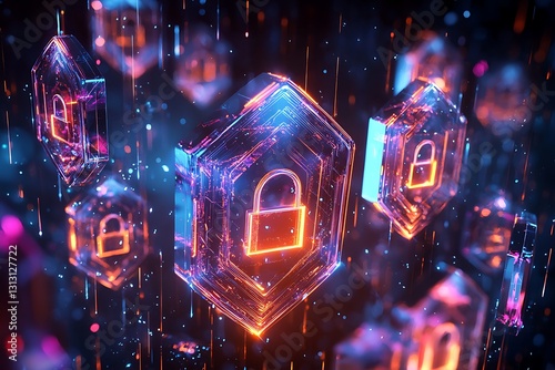 An abstract digital lock glowing and interlocking multiple floating holographic shield patterns.