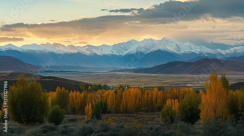 Breathtaking autumn view of the mountain range bathed in the warm hues of sunset, capturing the serene beauty and rich colors of nature's seasonal transition.