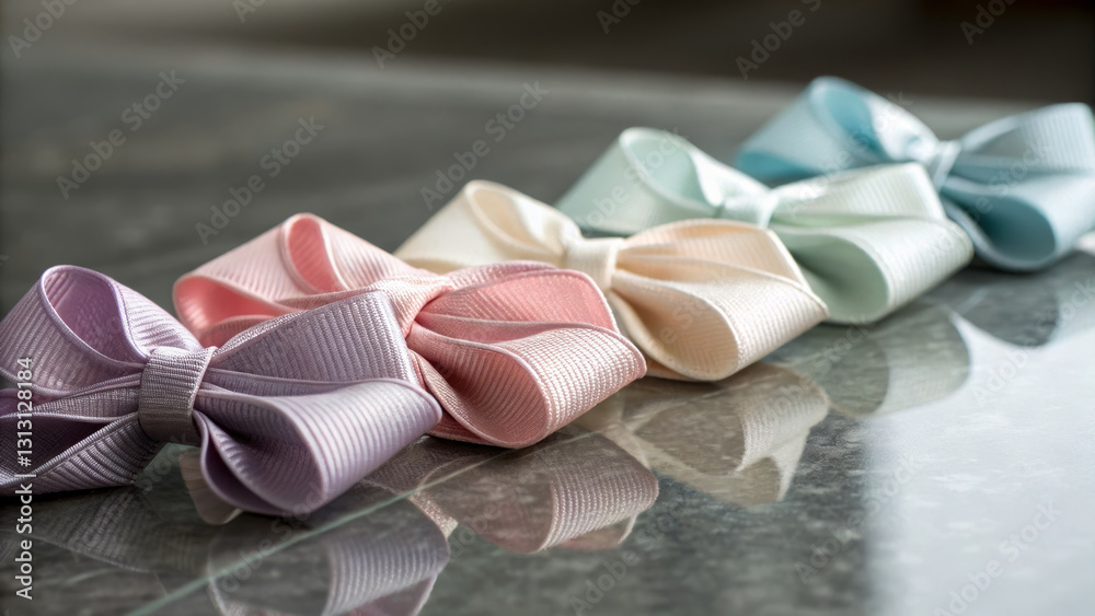 Soft pastel bows arranged in row on reflective surface, showcasing delicate textures and colors. light enhances their elegant appearance, creating serene atmosphere Soft pastel bows arranged in row on reflective surface, showcasing delicate textures and colors. light enhances their elegant appearance, creating serene atmosphere