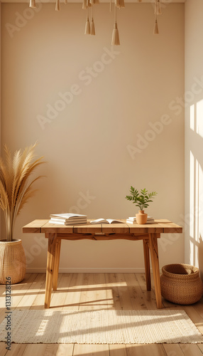 Bohemian Room Decor: Wooden Table & Beige Aesthetic 