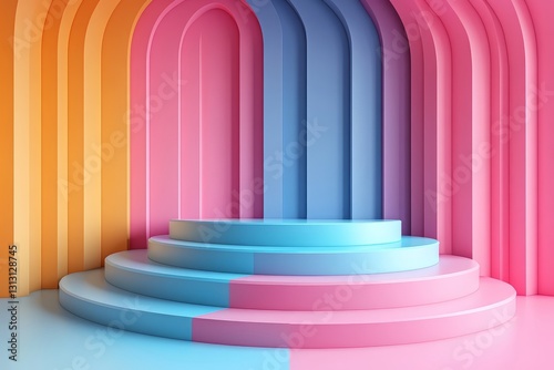 Minimal Pastel Background with Empty Podium for Product Display in Pink  Blue  and Orange Colors. Simple Geometric Platform Scene in 3D Render.
