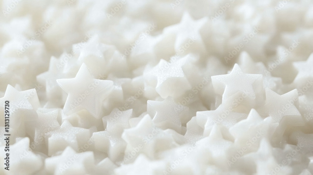 Close-up of a pile of small, white star shapes. A dreamy, textured image. Close-up of a pile of small, white star shapes. A dreamy, textured image.