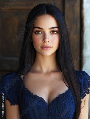Portrait of a Young Woman with Dark Hair in a Navy Blue Off-the-Shoulder Top with Lace Detailing, Soft Natural Makeup and a Serene Expression