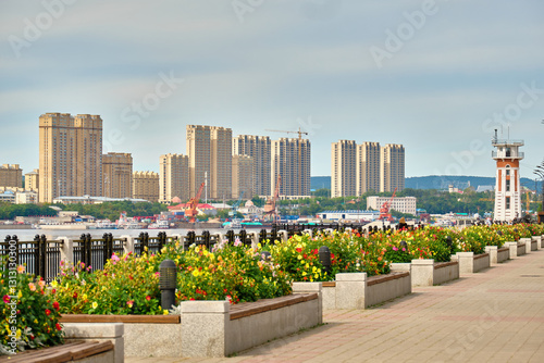 BLAGOVESHCHENSK, Russia, the embankment of the city of Blagoveshchensk in the morning. The Chinese city of Heihe is on the other side of the Amur River.
