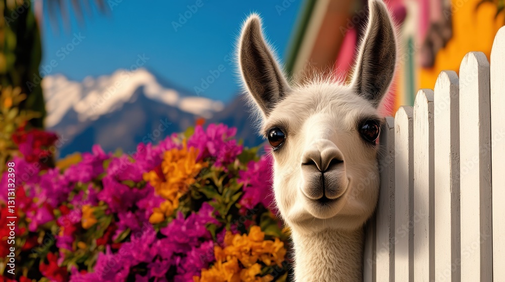 Obraz premium Llama's Peek-a-boo: A charming llama playfully peeks over a bright, colorful fence, framed by vibrant blooms, with mountains in the background and a clear blue sky.