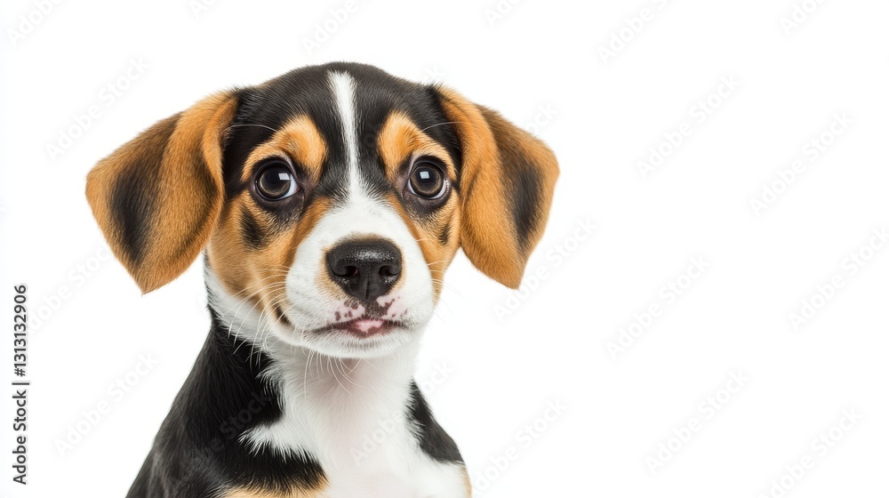 Adorable Beagle puppy sitting upright on pristine white background, head slightly tilted with curious expression, floppy ears perked forward, warm brown eyes gleaming, distinctive tricolor coat Adorable Beagle puppy sitting upright on pristine white background, head slightly tilted with curious expression, floppy ears perked forward, warm brown eyes gleaming, distinctive tricolor coat