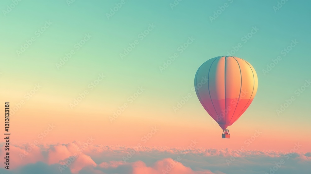 Fototapeta premium Pastel dreams: A hot air balloon floats serenely above a sea of clouds.