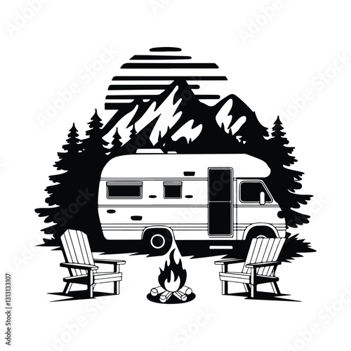 Black and White Vintage Camper Van Mountain Adventure Vector Scene