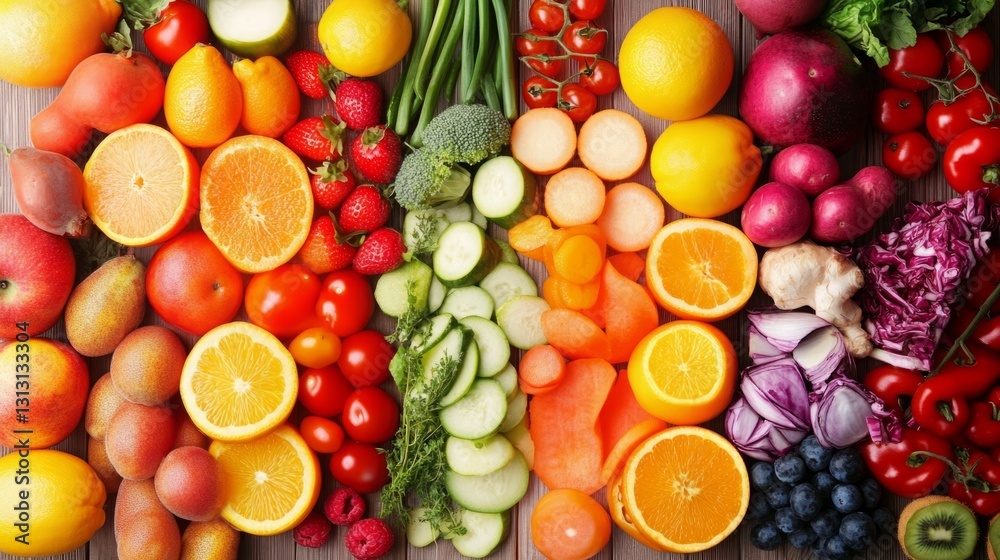 Rainbow of fresh fruits and vegetables arranged on a wooden surface. Rainbow of fresh fruits and vegetables arranged on a wooden surface.