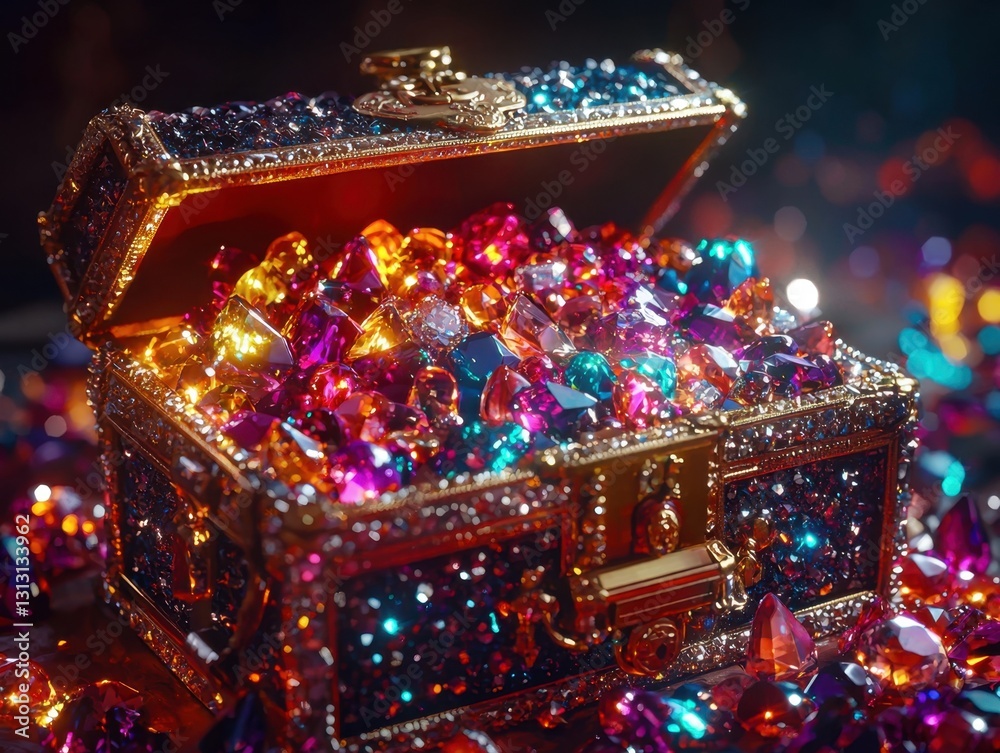 A treasure chest overflowing with colorful gems sparkles brilliantly, hinting at riches and untold adventures. An enchanting, vibrant discovery. A treasure chest overflowing with colorful gems sparkles brilliantly, hinting at riches and untold adventures. An enchanting, vibrant discovery.