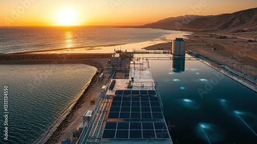 Wide Angle View of Solar Powered Desalination Plant at Sunset