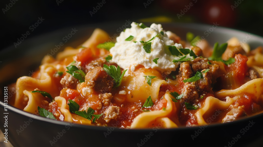 Delicious lasagna soup with tomatoes and ricotta topping in a bowl Delicious lasagna soup with tomatoes and ricotta topping in a bowl