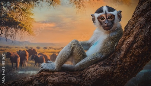 Young Monkey Resting On Branch African Savanna Sunset